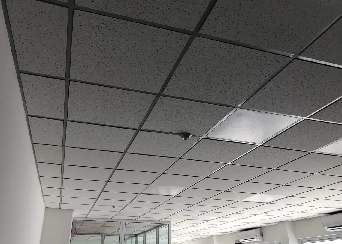 Cielo falso modular con una luminaria empotrada en una oficina